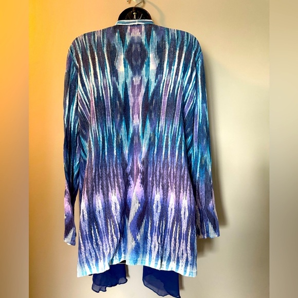 Chicos Women's Sz 2 (US L) Long Sleeve Crepe Trim Blue Print Kimono Cardigan - Picture 7 of 8